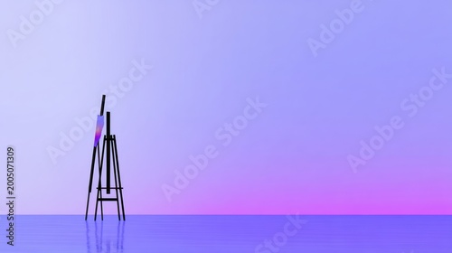 Simplistic art studio scene with an easel and canvas against a gradient backdrop