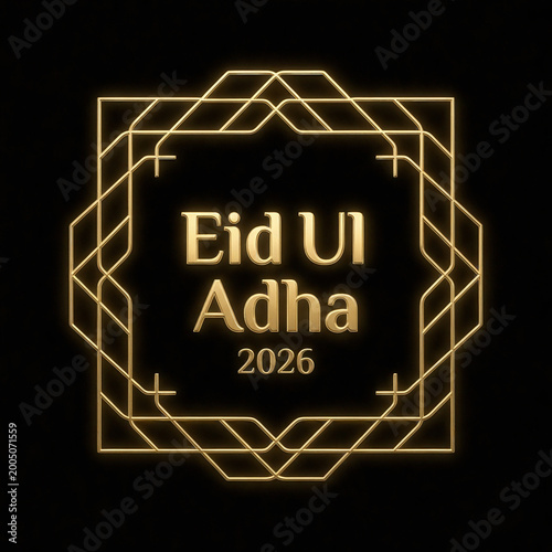 Premium Muslim Greeting with Warm Gold Neon Glow Geometric Frame and 3D Bold Lettering