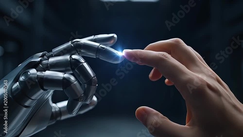 Human hand touches futuristic robot hand with glowing blue light, symbolizing connection in a dark, high-tech future.