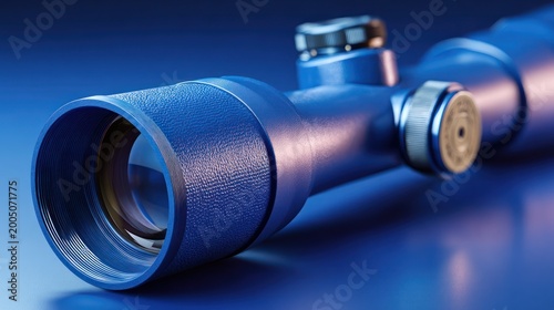 Blue metallic scope with lens reflections and textured finish against a blue background