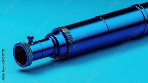 Gleaming blue telescope with extended lens against a vibrant azure background