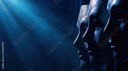 Three masks in profile, starkly lit with blue light casting long shadows
