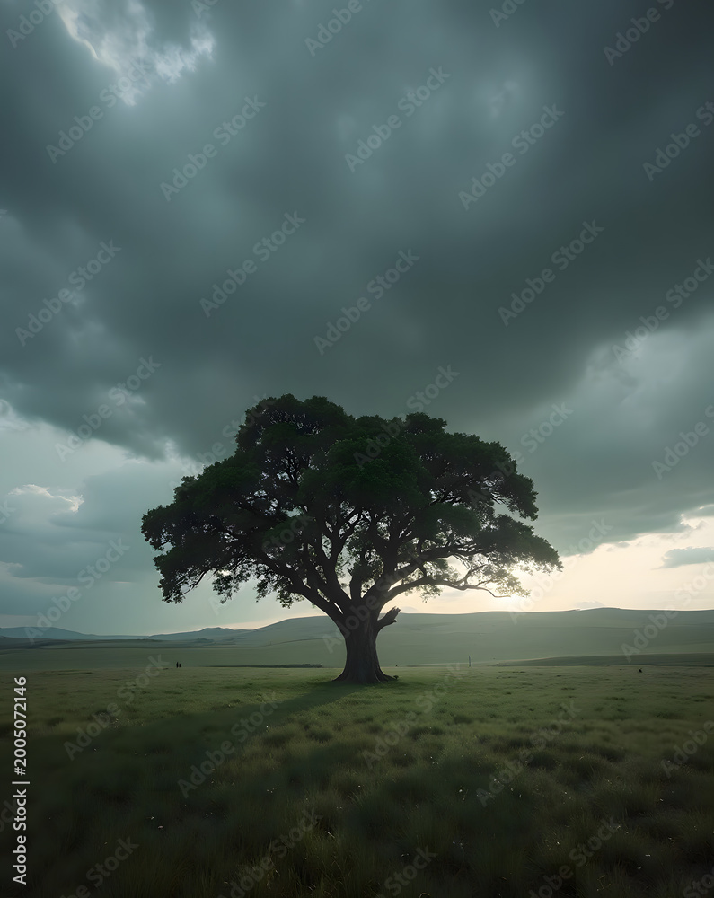 Obraz premium Solitary Oak Tree in Vast Green Meadow Under Dramatic Stormy Skies