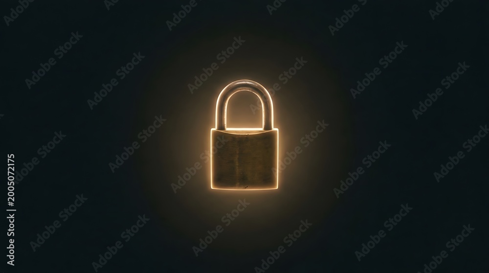 Fototapeta premium Glowing brass padlock silhouette against dark background.