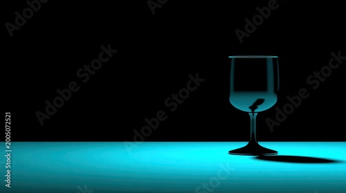 Wine glass silhouette on a turquoise surface against black backdrop, with shadows