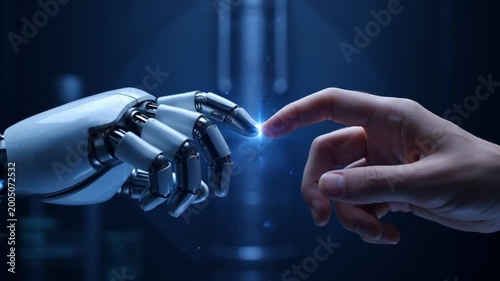 Close-up of a human hand and robotic hand connecting with a glowing blue light, depicting a futuristic ai concept in a dark digital space.