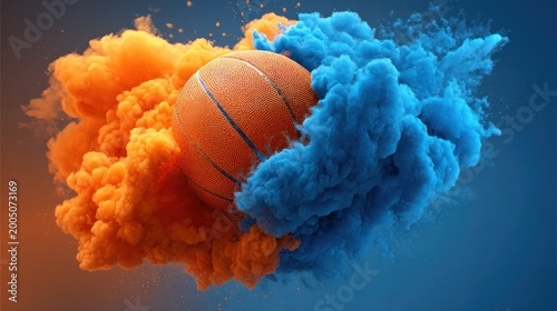 Basketball centered between explosions of orange & blue smoke, against plain blue backdrop