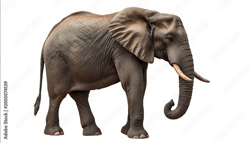 Obraz premium Realistic elephant standing in side view, isolated on white background. Large wild animal with detailed skin texture, representing strength, wisdom, and nature.