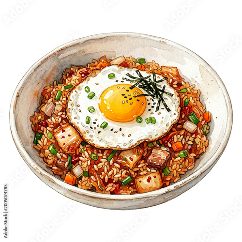 Korean Kimchi Fried Rice Watercolor Clipart, Sunny Side Egg Food Illustration PNG