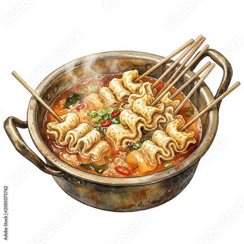 Korean Fish Cake Skewers Watercolor Clipart Street Food Illustration PNG