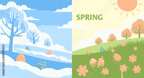 Schilderij op canvas Seasonal change from winter to spring.