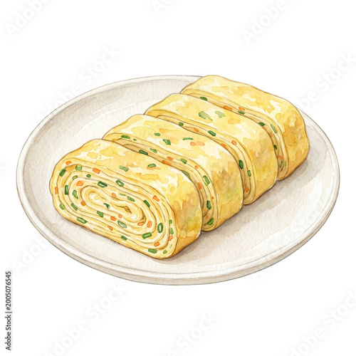Korean Rolled Omelette Watercolor Clipart – Gyeran Mari Egg Dish Illustration PNG