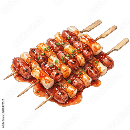 Korean Sausage Skewers Watercolor Clipart – Street Food Illustration PNG
