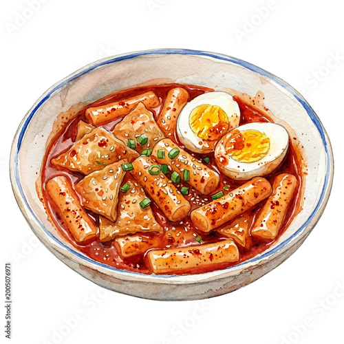 Korean Tteokbokki Watercolor Clipart – Spicy Rice Cake Dish Illustration PNG