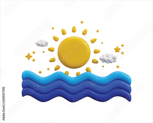 Sunrise icon 3d render concept of Sunrise with clouds and star icons behind a colorful ocean icon vector illustration