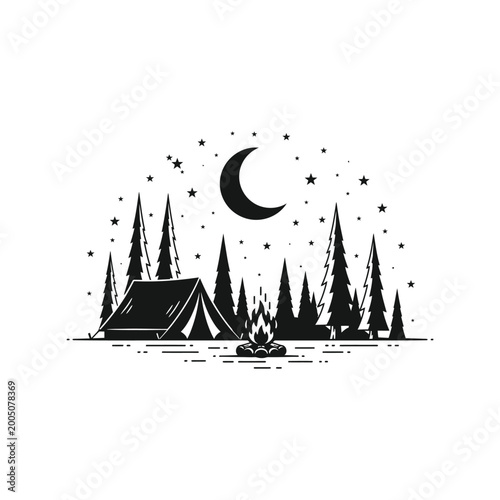 Fotografie Camping tent with a campfire in a pine forest at night under the moon and stars