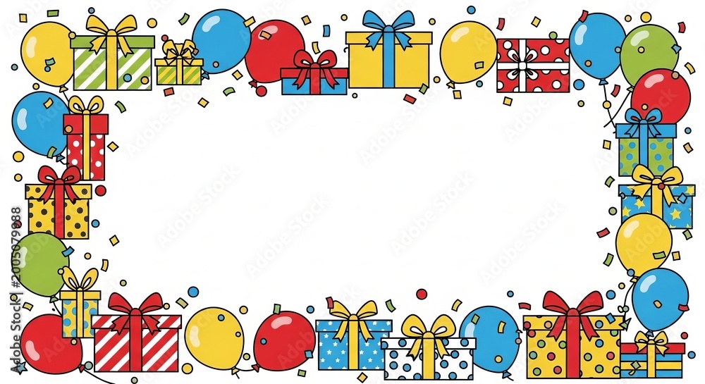 Obraz premium Colorful birthday celebration frame with gifts balloons and confetti isolated design