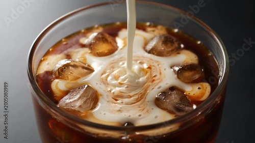 Iced latte coffee with milk and ice cubes mixing swirl top view creamy cold beverage close up