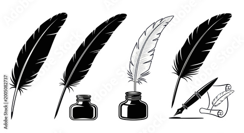 Photos Vintage Writing Set: Quill Pens, Inkwells, and Scroll
