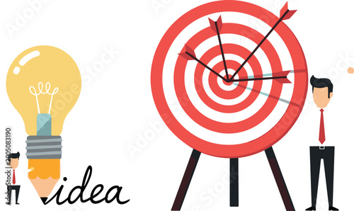 Creative Idea with Light Bulb and Pencil, Goal Achievement with Target and Businessman Illustration for Innovation and SuccessCreative Idea with Light Bulb and Pencil, Goal Achievement with Target and