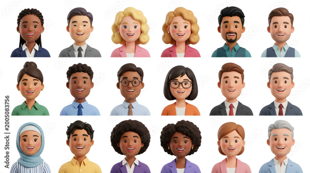 Fototapeta premium 3D vector illustration of smiling people close up portraits set. Cute business men and women avatars, multi ethnic male and female characters faces.