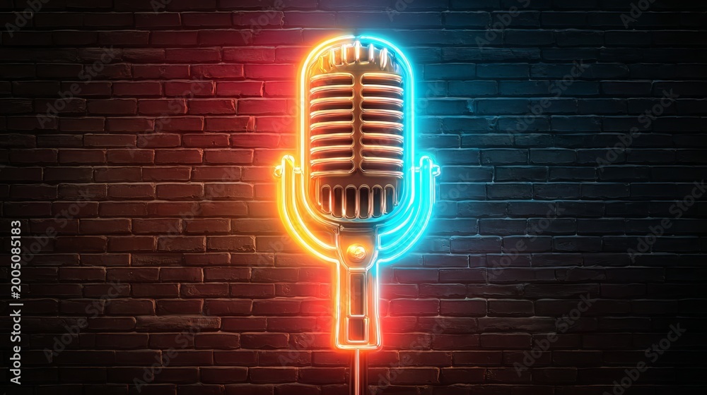 Fototapeta premium Glowing podcast neon sign with microphone silhouette, colorful modern studio wall, bright branding concept