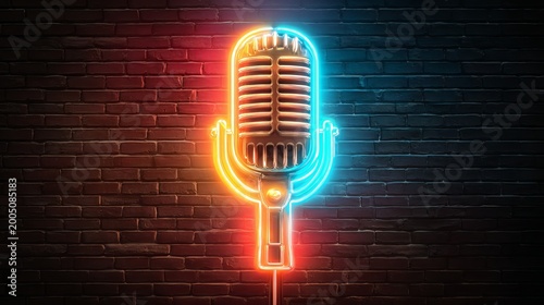 Glowing podcast neon sign with microphone silhouette, colorful modern studio wall, bright branding concept