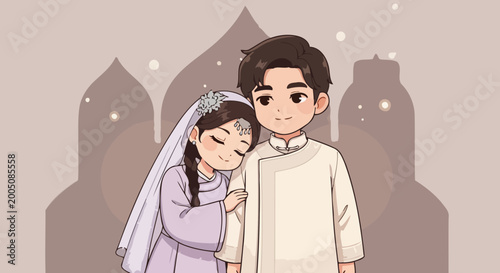 Charming Muslim Couple in Traditional Attire Embracing Affectionately.