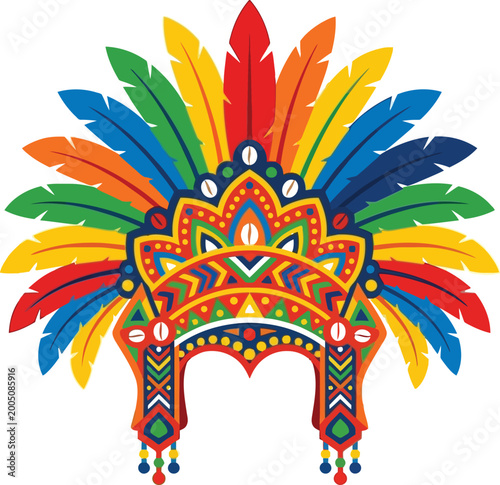 Vibrant ornate cultural headdress with colorful feathers for festive celebration.
