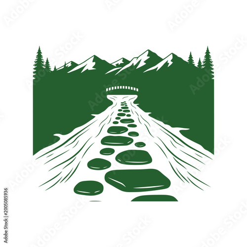 Принти на полотні Stepping stones crossing a river in a mountain forest landscape with pine trees