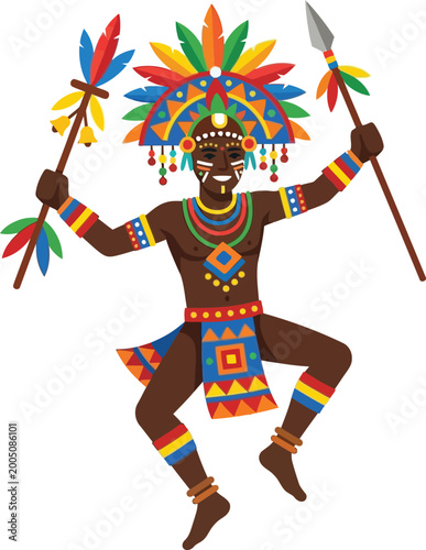 Vibrant indigenous male dancer in traditional costume joyfully performs during a cultural celebration.