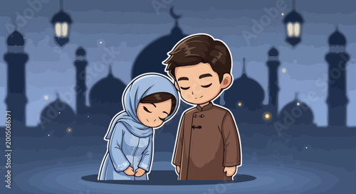 Cute Muslim Couple Praying Together Under the Night Sky.
