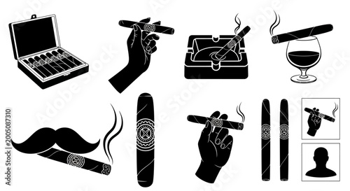 Tableau sur toile Cigar, smoking, vector icons, black silhouettes, luxury lifestyle, tobacco acces
