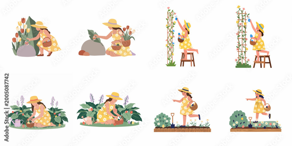 Fototapeta premium Set of Flat Vector Illustrations Showing Little Girls in Yellow Dresses Hunting for Easter Eggs in a Spring Garden with Flowers