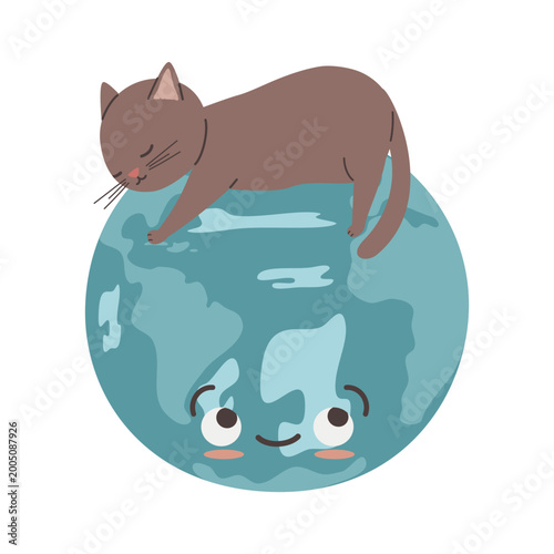 Bilde på lerret cute hand drawn cartoon character havana brown cat sleeping on planet earth funn