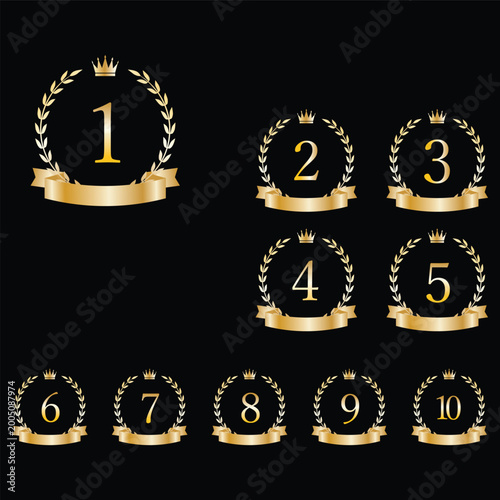Tableau sur toile Set of golden number ranking icons from 1 to 10 with laurel wreaths, crowns, and