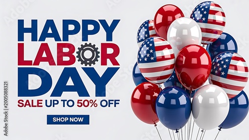 Happy labor day sale promotion with patriotic balloons and discount offer