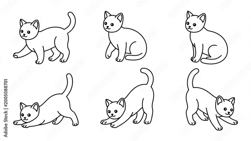 Obraz premium Isometric Domestic Cat Pose Collection Walking, Sitting, Playing Cute Kitten Line Art Set