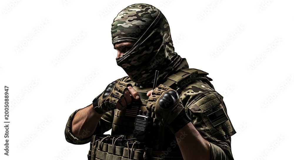 Fototapeta premium Soldier in Camouflage Balaclava with Tactical Gear Isolated