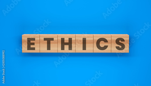 Foto Ethics Written in Blocks: a striking visual representation of the word Ethics, spelled out with individual wooden blocks against a clean, uncluttered background, serving as a powerful visual metaphor