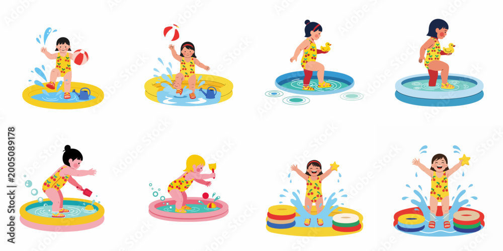 Fototapeta premium Set of Illustrations Featuring Young Girls in Swimsuits Playing in Inflatable Wading Pools with Various Summer Toys