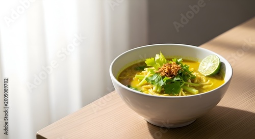 Vibrant and aromatic golden noodle soup, artfully presented with fresh cilantro, crispy shallots, and a zesty lime wedge, perfect for a flavorful meal under natural light