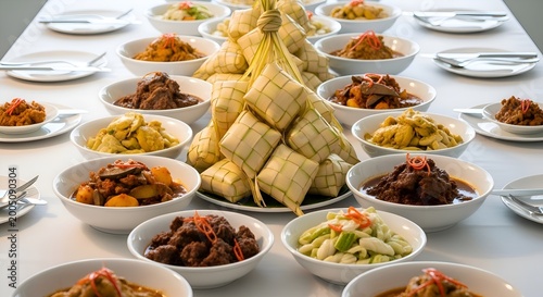 Bountiful Asian Culinary Spread Featuring Traditional Ketupat and an Array of Delicious Savory Dishes for a Festive Celebration