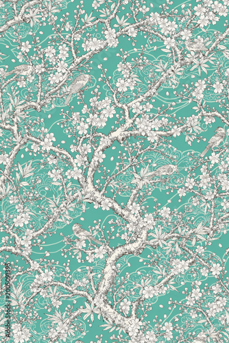 Elegant Teal Background with White Cherry Blossom Tree and Birds Pattern