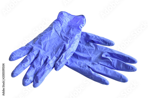 Blue disposable nitrile gloves isolated on white background.