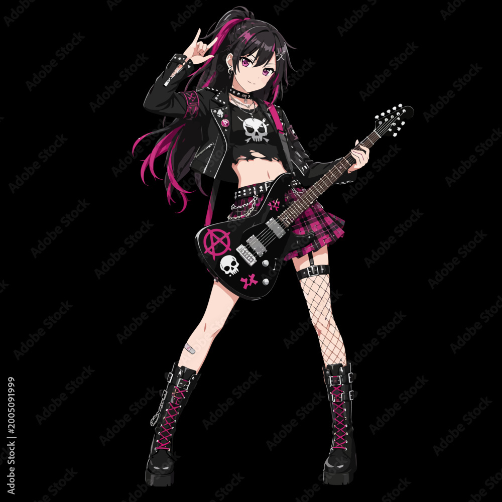 Fototapeta premium Anime Girl Punk Rocker with Electric Guitar Vector Illustration