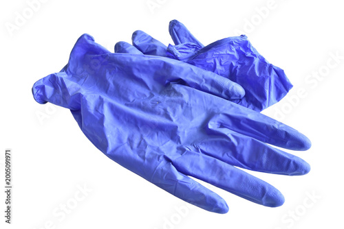 Blue disposable nitrile gloves isolated on PNG background.