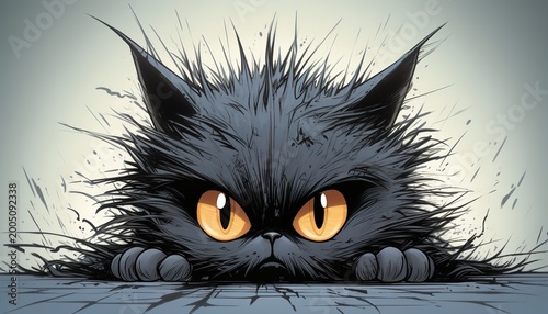 A cartoon black cat with yellow eyes and a menacing expression