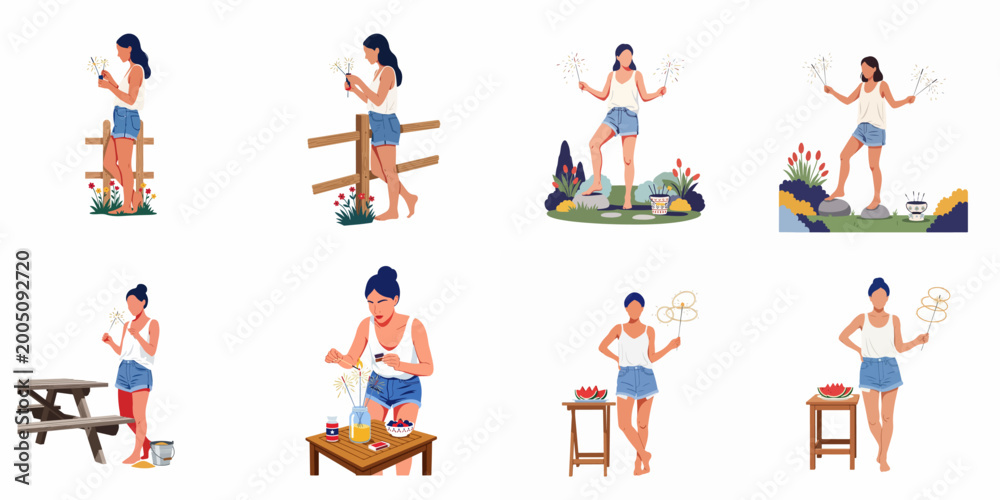 Fototapeta premium Collection of flat vector illustrations of a young woman celebrating summer and Independence Day with sparklers in different outdoor garden and picnic settings.