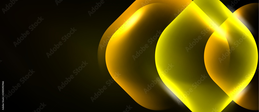 Naklejka premium Abstract golden shapes overlap black background. Soft glow creates dynamic visual effect. Minimalist design, modern aesthetic.